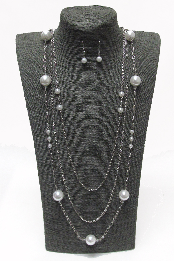 PEARL AND METAL CHAIN LAYERED NECKLACE SET