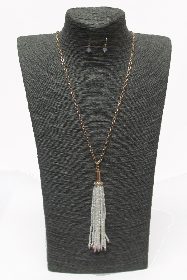 CRYSTAL AND SEED BEADS TASSEL DROP NECKLACE SET