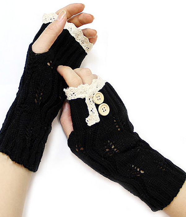 VINTAGE LACE AND DOUBLE BUTTON ACCENT OPEN FINGER KNIT GLOVE OR ARM WARMER