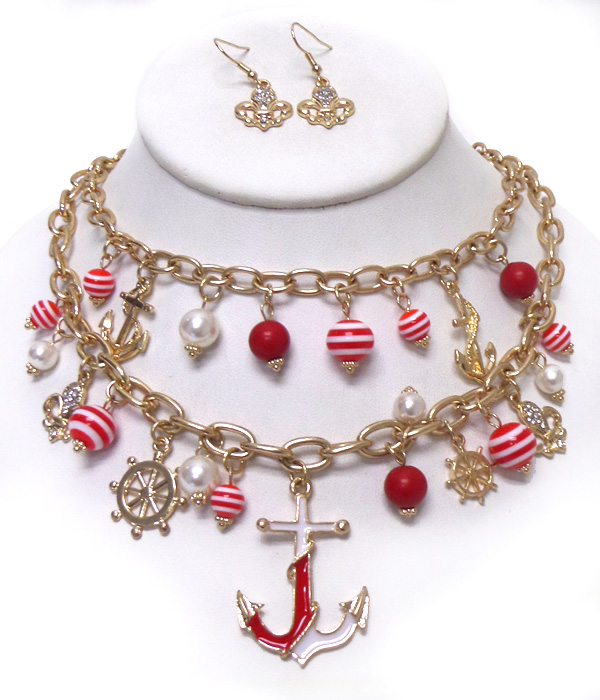DOUBLE LAYER METAL ANCHOR  CHARM CHAIN NECKLACE SET