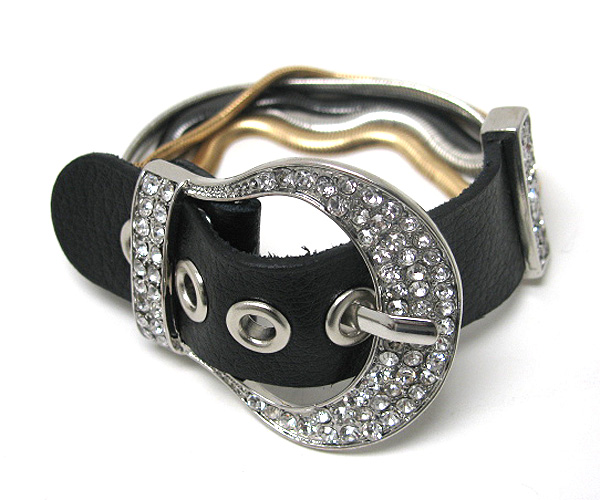 CRYSTAL STUD BUCKLE AND LEATHERETTE AND SNAKE CHAIN MIX BAND BRACELET
