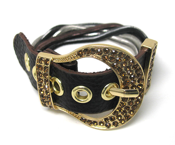 CRYSTAL STUD BUCKLE AND LEATHERETTE AND SNAKE CHAIN MIX BAND BRACELET