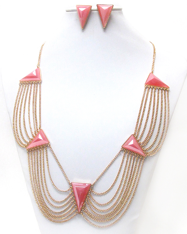 TRIANGULAR STONE ACCENT AND MULTI CHAIN LINK DROP DRESS NECKLACE EARRING SET