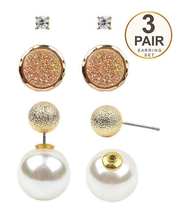 CRYSTAL AND DRUZY AND PEARL 3 PAIR EARRING SET