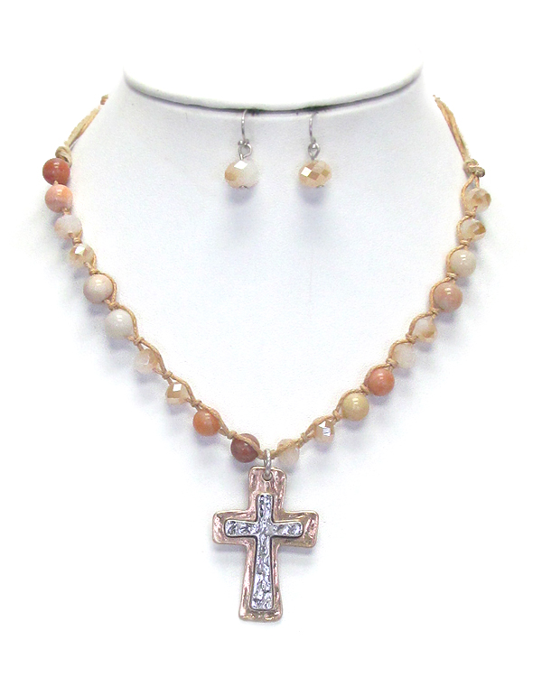 CROSS PENDANT AND GLASS BEAD NECKLACE SET