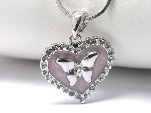 WHITEGOLD PLATING CRYSTAL AND ONYX ACRYL DECO BUTTERFLY HEART PENDANT NECKLACE