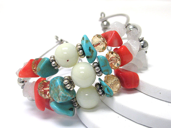 NATURAL STONE SHELL AND GLASS BEADS MIXED STRETCH BRACELET