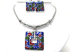 CRYSTAL AND METAL EPOXY ART WORK PENDANT THICK CHAIN NECKLACE SET