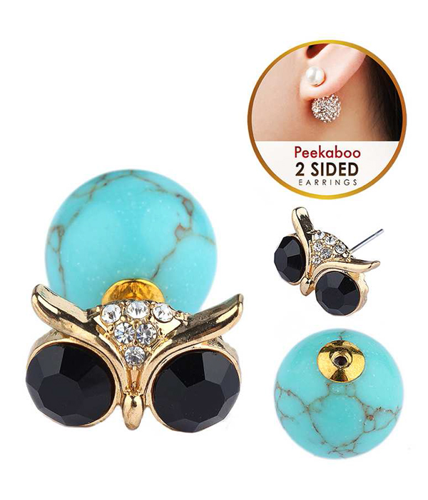 TURQUOISE BALL AND OWL DOUBLE SIDED FRONT AND BACK EARRING