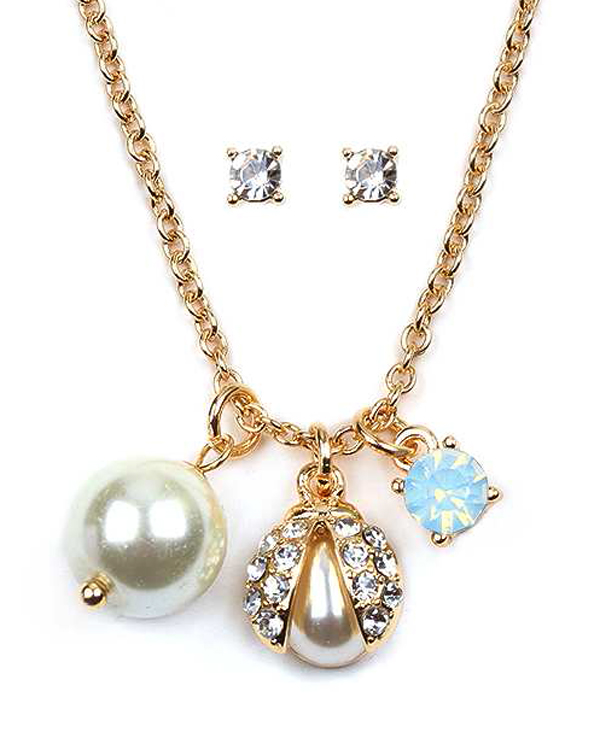 CRYSTAL AND PEARL LADYBUG NECKLACE SET