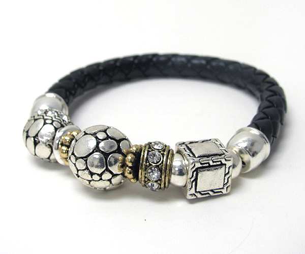 CRYSTAL DECO RONDELL AND DESIGNER PATTERN METAL BALL AND LEATHERETTE BAND BRACELET
