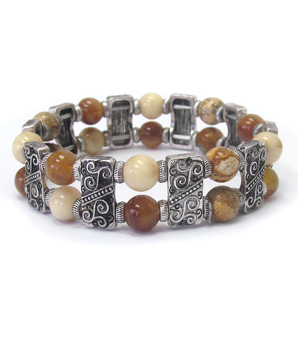 BALL STONE AND TEXTURED METAL STRETCH BRACELET