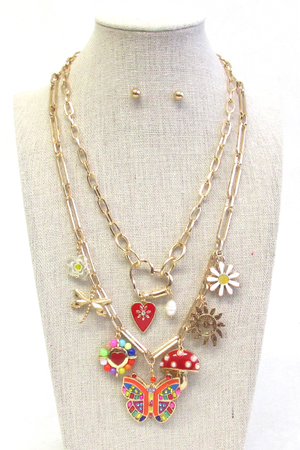 GARDEN THEME MULTI CHARM DOUBLE LAYER NECKLACE - BUTTERFLY FLOWER DRAGONFLY