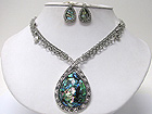 ABALONE AND MARCASITE TEAR DROP PENDANT NECKALCE EARRING SET