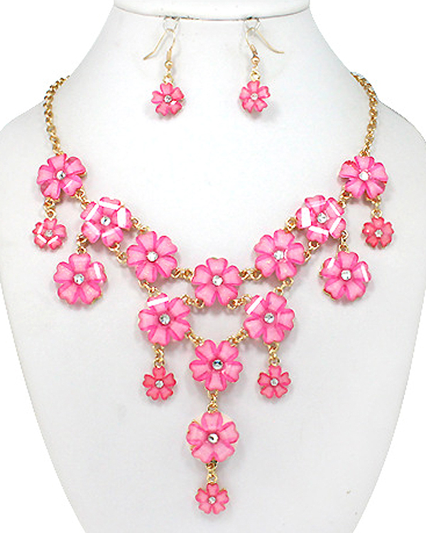 CRYSTAL CENTER AND GLASS PETAL MULTI FLOWER LINK BIB STYLE STATEMENT NECKLACE EARRING SET