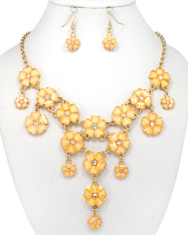 CRYSTAL CENTER AND GLASS PETAL MULTI FLOWER LINK BIB STYLE STATEMENT NECKLACE EARRING SET