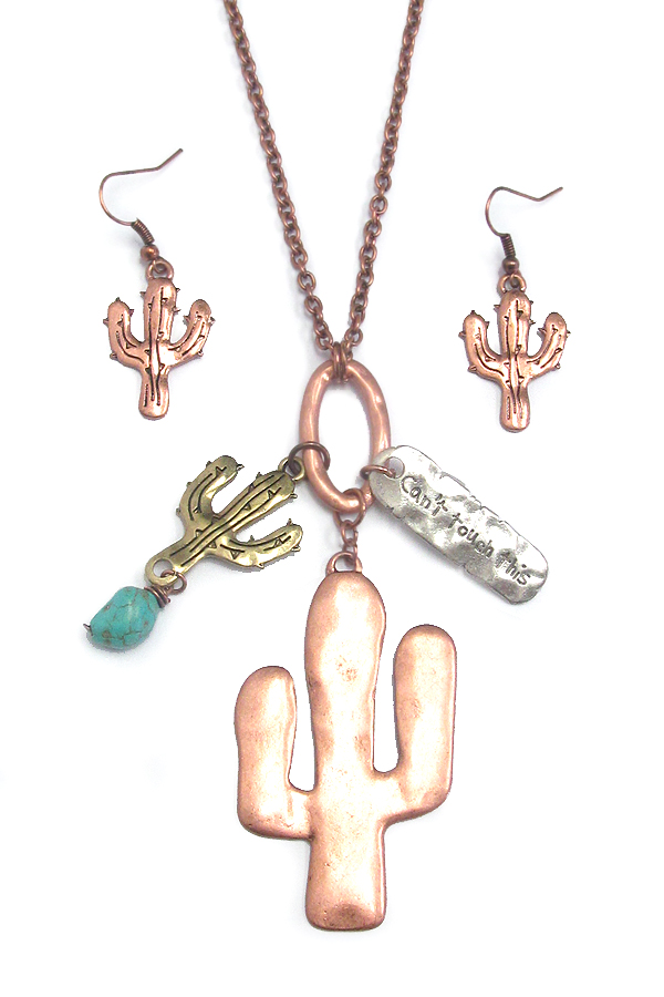 HAMMERED CACTUS PENDANT NECKLACE SET - CANT TOUCH THIS