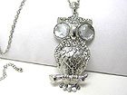 CRYSTAL STUD BIG EYE OWL PENDANT LONG NECKLACE