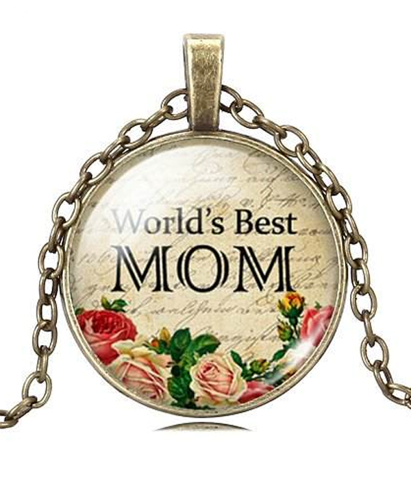 ANTIQUE BRONZE MOTHERS DAY CABOCHON NECKLACE - WORLD BEST MOM