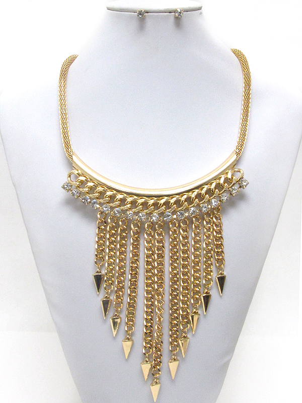 CRYSTAL AND THICK SPIKE CHAIN DROP NECKLACE EARRING SET