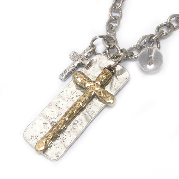 VINTAGE METAL DOUBLE CROSS AND PLATE CHAIN NECKLACE