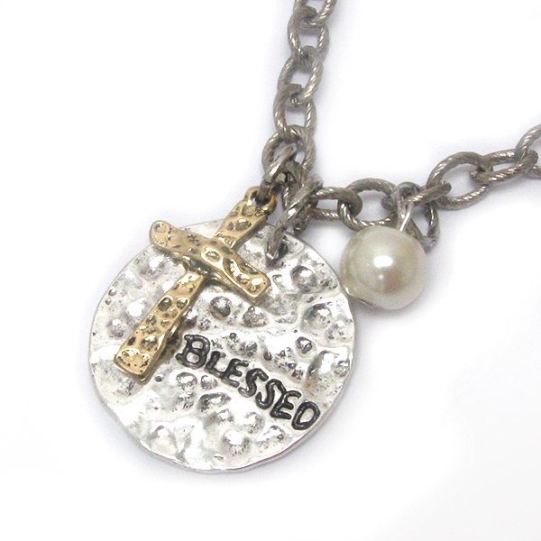 VINTAGE METAL AND RELIGIOUS INSPIRATION CROSS AND DISK NECKLACE - BLESSED