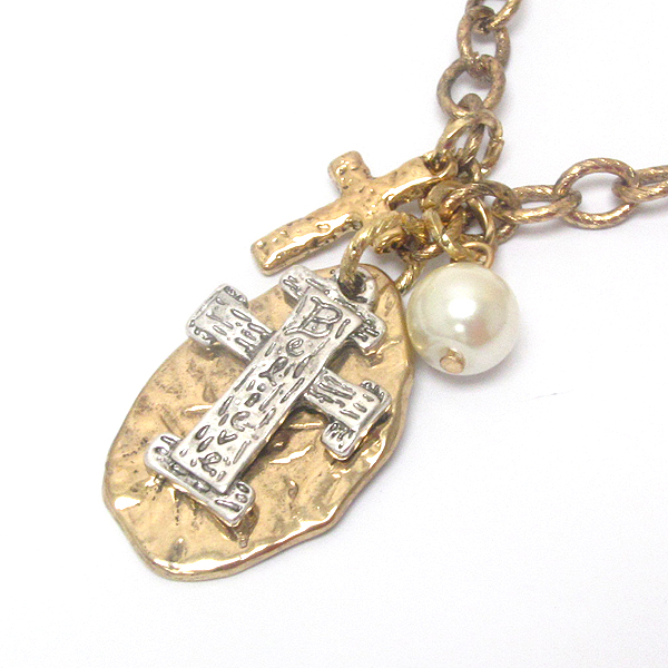 VINTAGE METAL DOUBLE CROSS AND OVAL PLATE NECKLACE