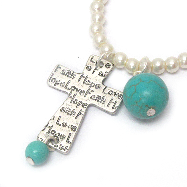 RELIGIOUS INSPIRATION CROSS AND PEARL CHAIN NECKLACE - FAITH LOVE HOPE