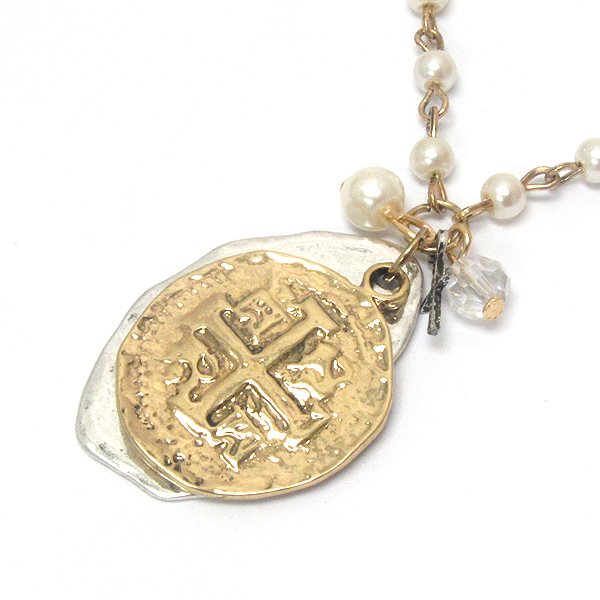 VINTAGE METAL CROSS ON DISK AND PEARL CHAIN NECKLACE