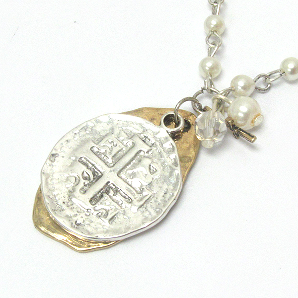 VINTAGE METAL CROSS ON DISK AND PEARL CHAIN NECKLACE