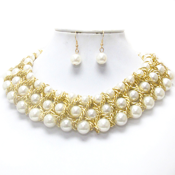 TRIPLE LAYER PEARL AND METAL CHAIN LINK NECKLACE EARRING SET