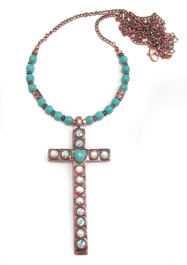 CRYSTAL CROSS PENADNT AND TURQUOISE BEAD LONG NECKLACE
