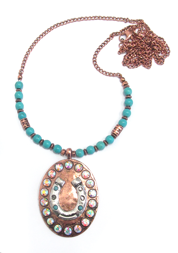 CRYSTAL HORSE SHOE PENDANT AND TURQUOISE BEAD LONG NECKLACE