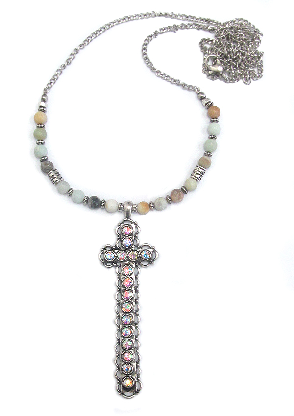 SKINNY CRYSTAL CROSS PENDANT AND MULTI BEAD LONG NECKLACE