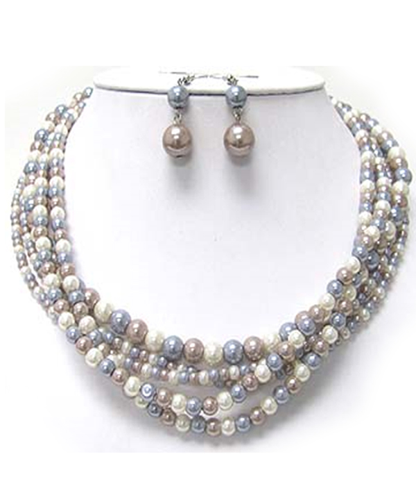 MULTI STRAND PEARL BEADS NECKLACE AND EARRING SET