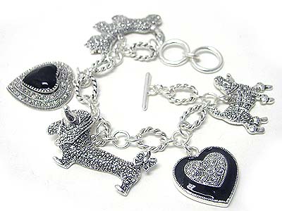 MARCASITE TEXTURE DOG LOVER THEME CHARM AND CAHIN LINK BRACELET