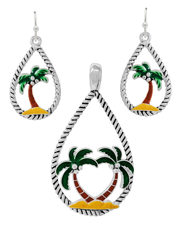 TROPICAL THEME ROPE TEXTURED TEARDROP PENDANT AND EARRING SET - PALM TREE