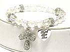 FILIGREE METAL CROSS CHAM AND MESSAGED HEART ELASTIC BEADS BRACELET