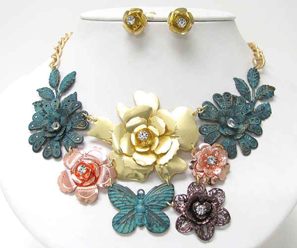 CHUNKY SPRING VINTAGE MIXED METAL FLOWERS AND BUTTERFLY LINK NEKLACE EARRING SET