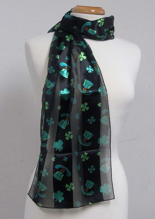 ST.PATRICK DAY CLOVER AND  HAT THEME SATIN STRIPE PRINT SASH SCARF - 13X60 INCH - 100% POLYESTER
