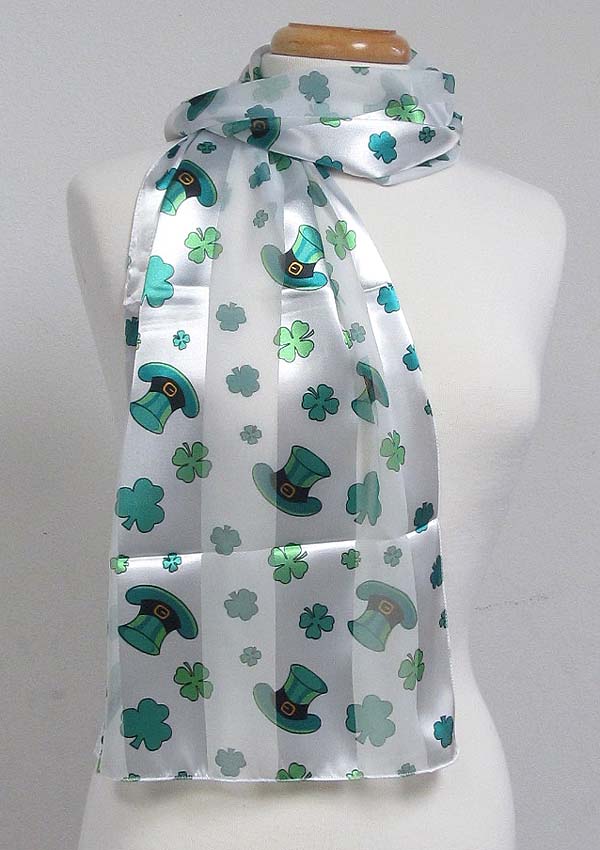 ST.PATRICK DAY CLOVER AND  HAT THEME SATIN STRIPE PRINT SASH SCARF - 13X60 INCH - 100% POLYESTER