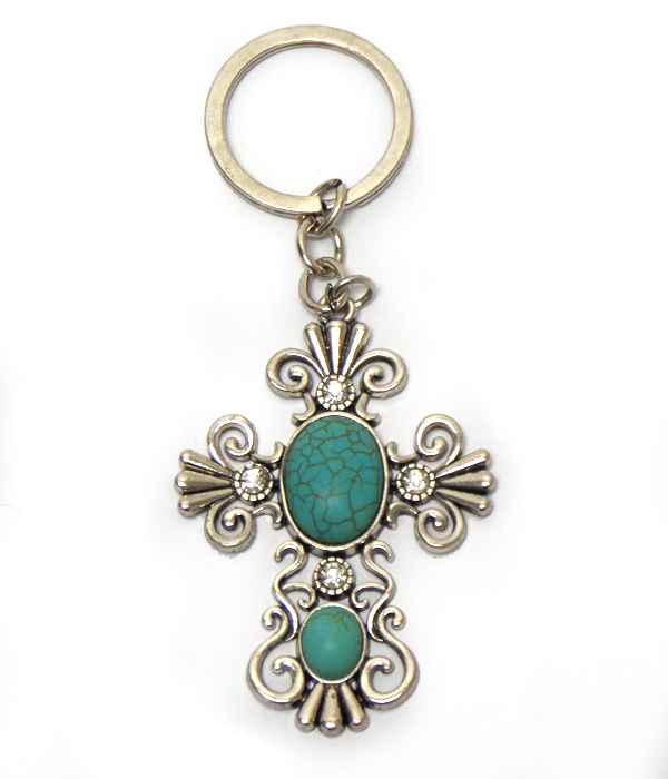 FAUX TURQUOISE STONE WITH RHINESTONES CROSS KEYCHAIN