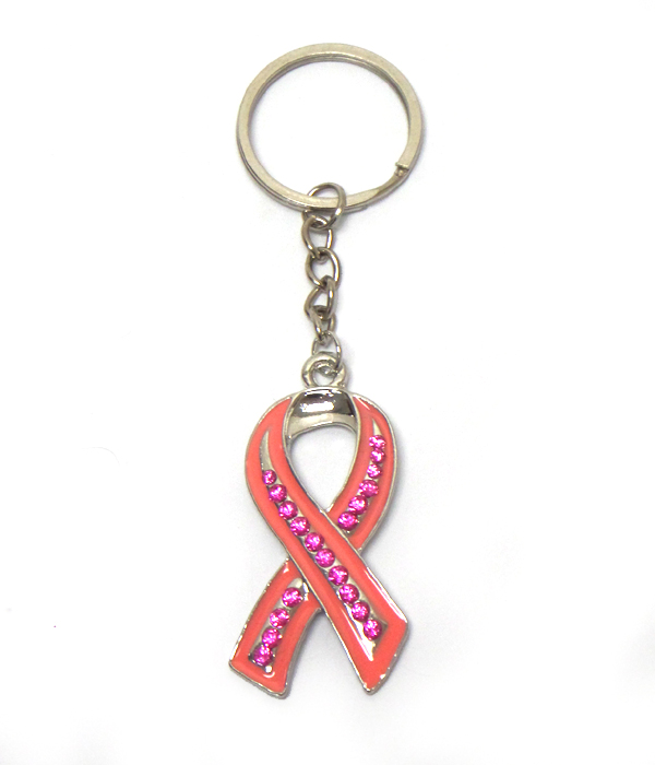 BREAST CANCER AWARENESS PINK RIBBON WITH STONES KEYCHAIN