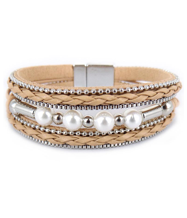 MULTI LAYER WOVEN LEATHERETTE AND BALL BEAD MAGNETIC BRACELET