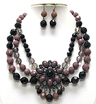 BOUTIQUE STYLE STONE AND BEADS ART DECO TRIPLE BEADS STRAND NECKLACE EARRING SET - Wholesale Jewelry