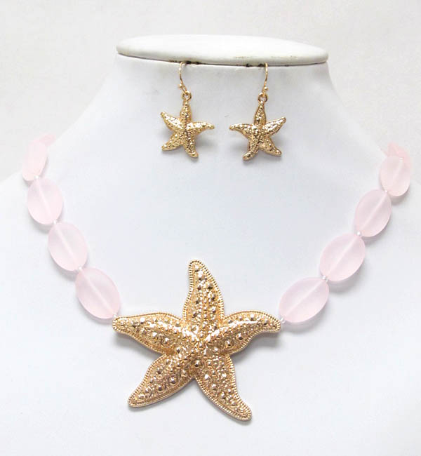TEXTURED STARFISH AND ICE BEAD NECKLACE EARRING SET