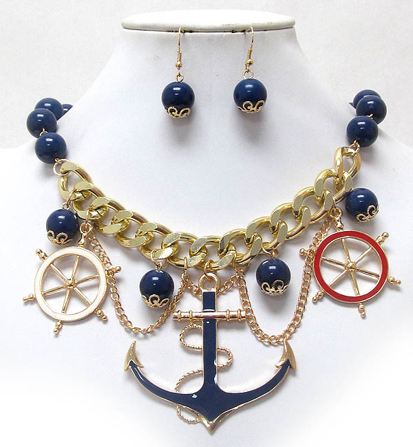 EPOXY ANCHOR AND WHEEL DANGLE ON METAL CHAIN NECKLACE EARRING SET