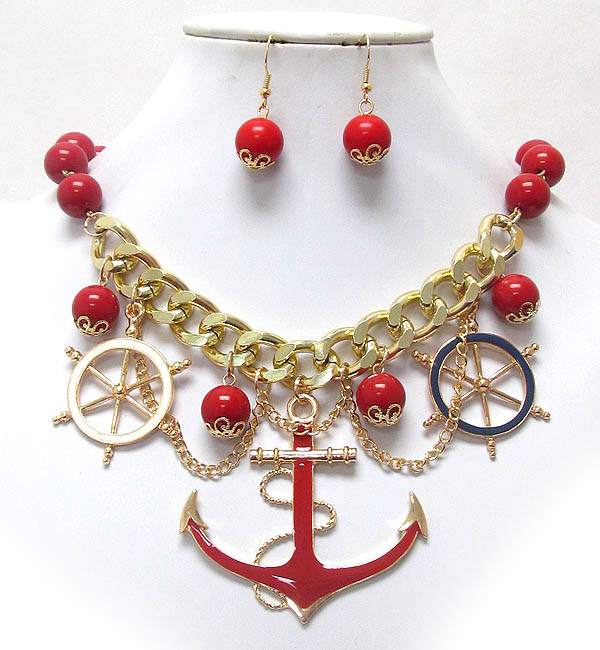 EPOXY ANCHOR AND WHEEL DANGLE ON METAL CHAIN NECKLACE EARRING SET