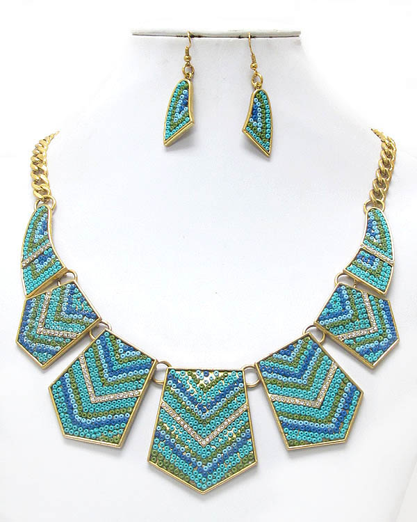 LUXURY LINE MULTI CRYSTAL AND BEAD CHEVRON DECO PLATE LINK BOUTIQUE STYLE NECKLACE EARRING SET