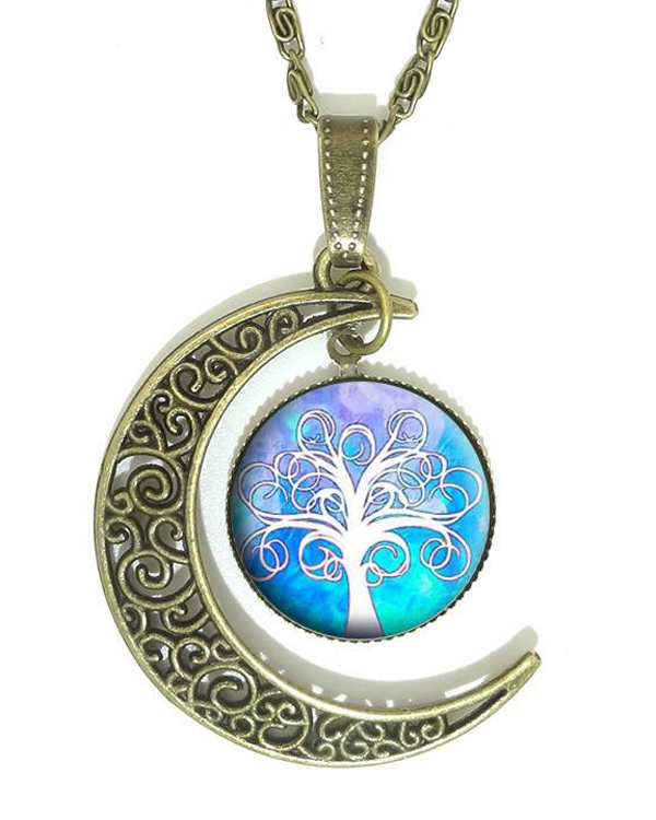ANTIQUE BRONZ FILIGREE MOON AND TREE OF LIFE CABOCHON NECKLACE